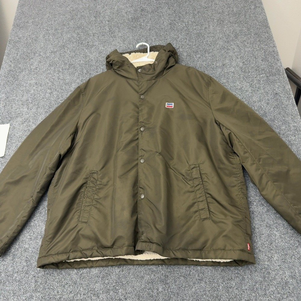 Levis Jacket Mens XXL Green Nylon Sherpa Lined Hooded Full Zip Casual Gorpcore